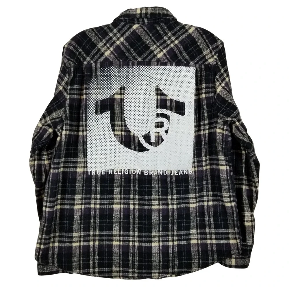 True Religion Mens Plaid Flannel Shirt‎ Purple Black Logo Graphic Small S